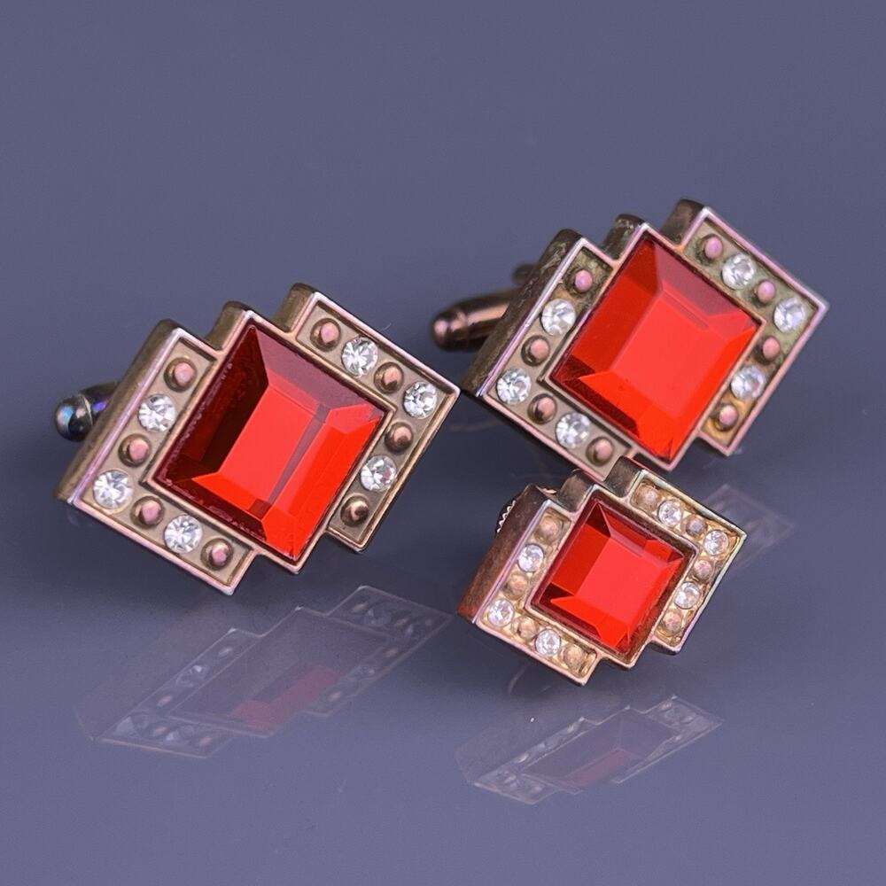 Square Red White Rhinestone Cufflinks Tie Pin Gold Tone Flashy Formal Vintage